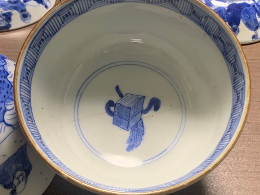 訳あり 幕末〜明治期 古伊万里 染付 羅漢図 蓋付茶碗 3客セット 手描き 骨董