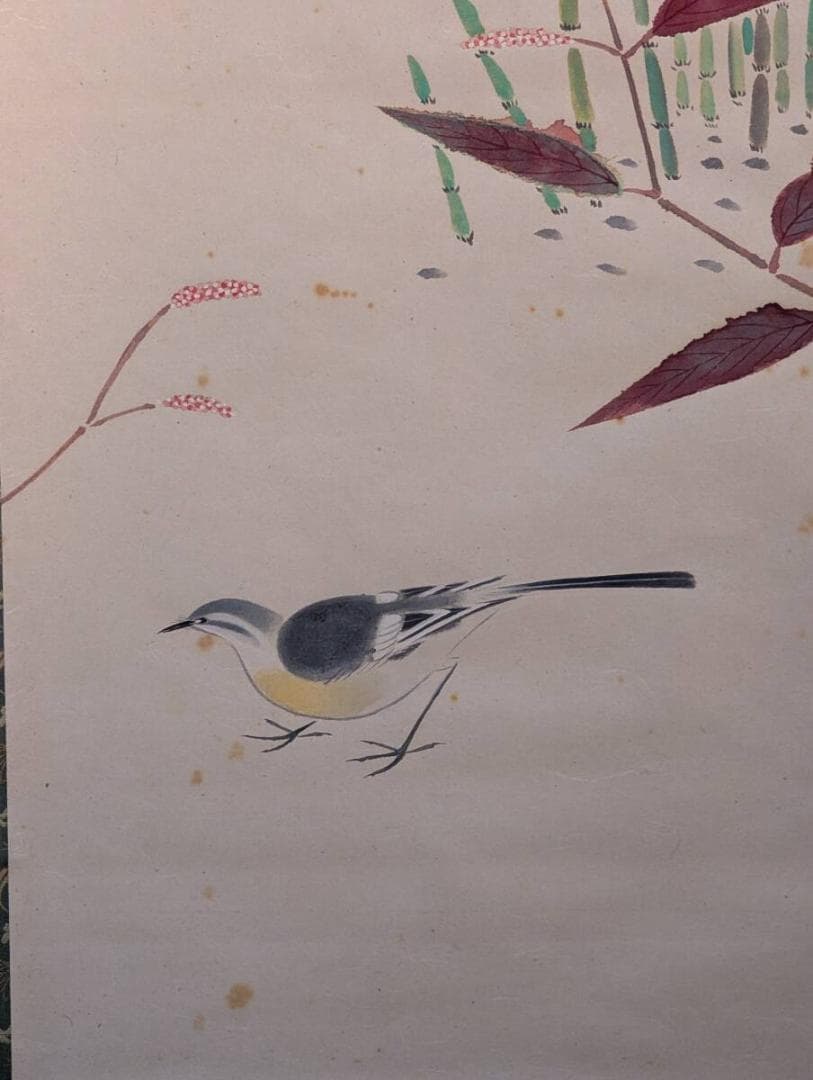 【真作】掛軸　竹に小鳥図　気品ある彩色美　優雅な構図　雅趣あふれる逸品　T122