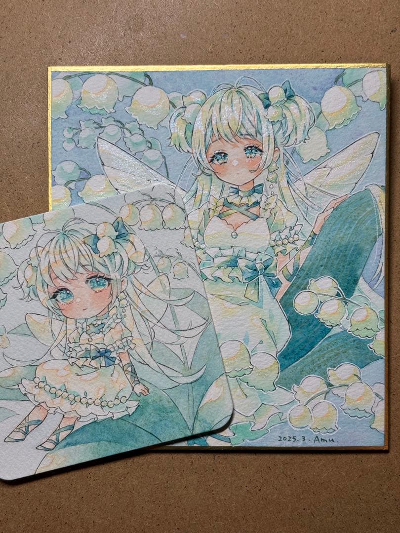手描きイラスト　ミニ色紙　鈴蘭の妖精さん