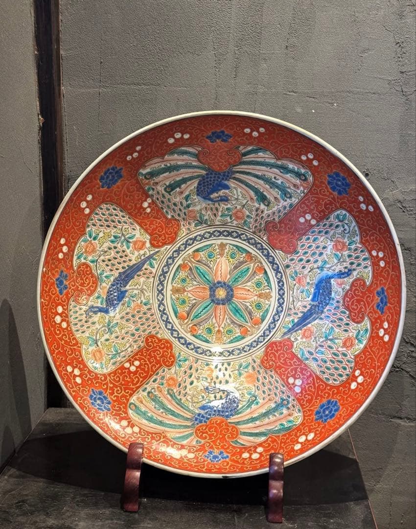 古伊万里 赤絵 鳳凰文 大皿 飾皿 色絵 花鳥図 伊万里焼 径約47cm