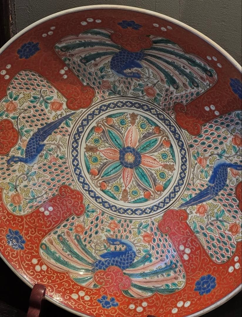 古伊万里 赤絵 鳳凰文 大皿 飾皿 色絵 花鳥図 伊万里焼 径約47cm