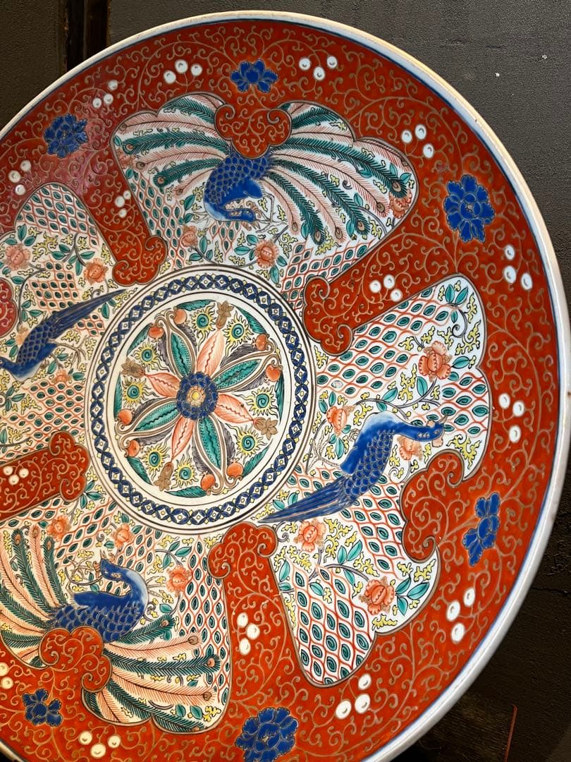 古伊万里 赤絵 鳳凰文 大皿 飾皿 色絵 花鳥図 伊万里焼 径約47cm