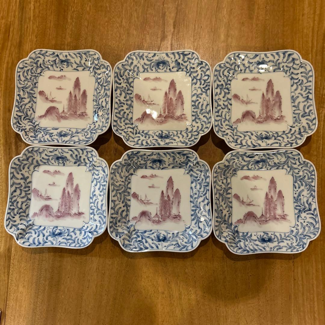 有田焼　寿栄造　絵付花形皿　五枚