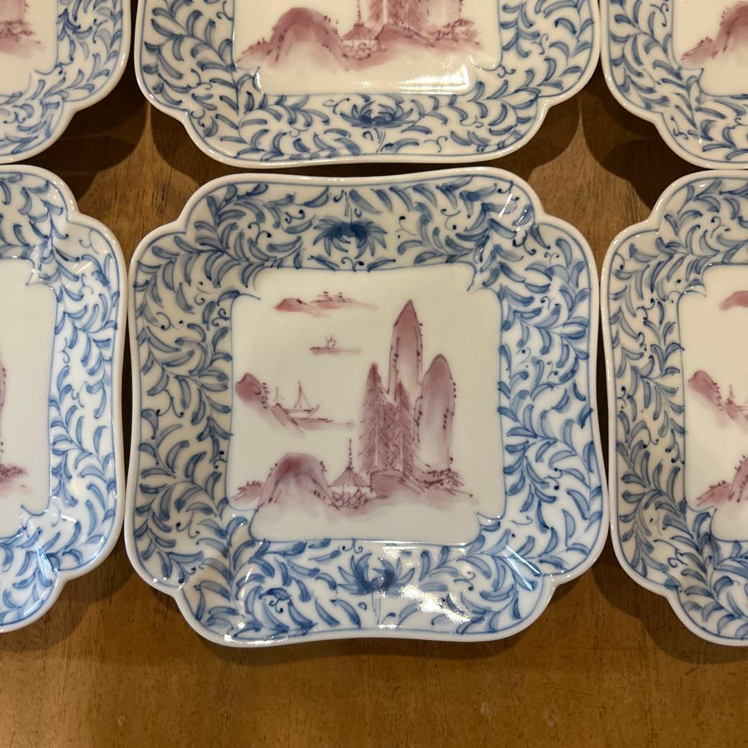 有田焼　寿栄造　絵付花形皿　五枚