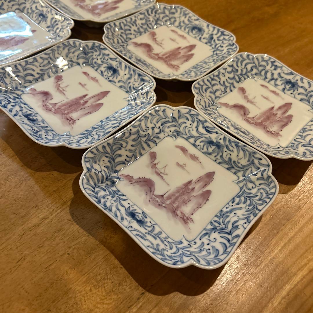 有田焼　寿栄造　絵付花形皿　五枚