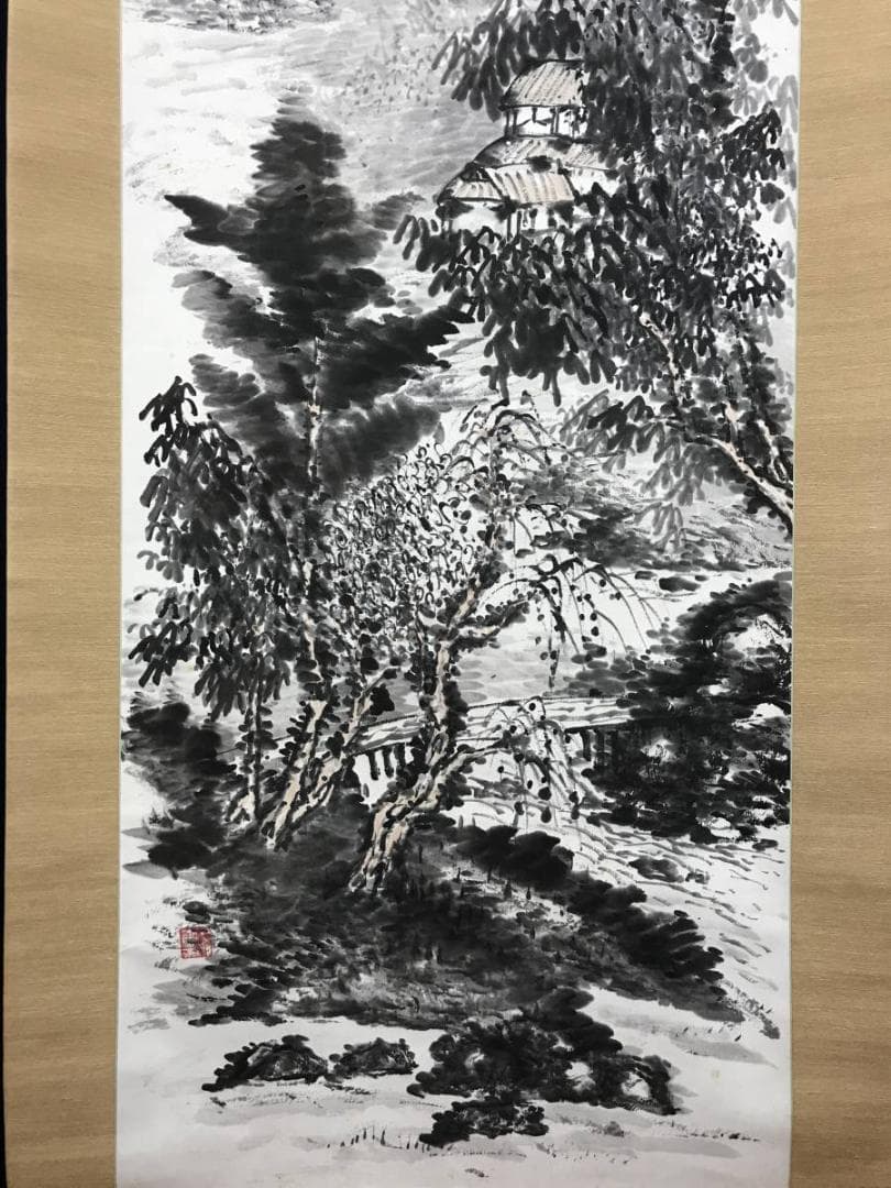 真作/柏香/山水田家画賛/山水図/掛軸/名家伝来/AD-955