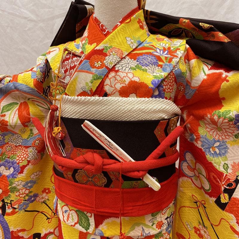 512ag38◎七五三 七歳 女児 アンティーク着物&袋帯&長襦袢 総柄 赤◎