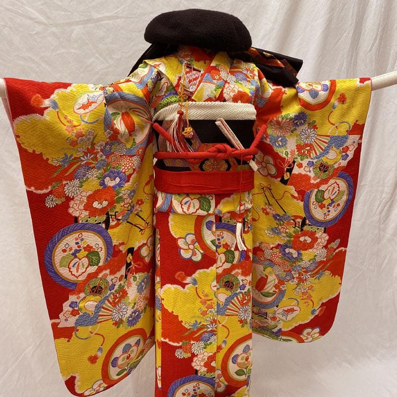 512ag38◎七五三 七歳 女児 アンティーク着物&袋帯&長襦袢 総柄 赤◎