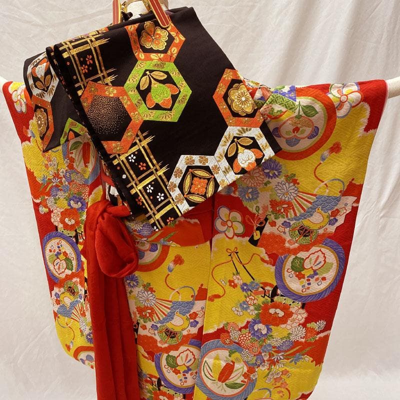 512ag38◎七五三 七歳 女児 アンティーク着物&袋帯&長襦袢 総柄 赤◎