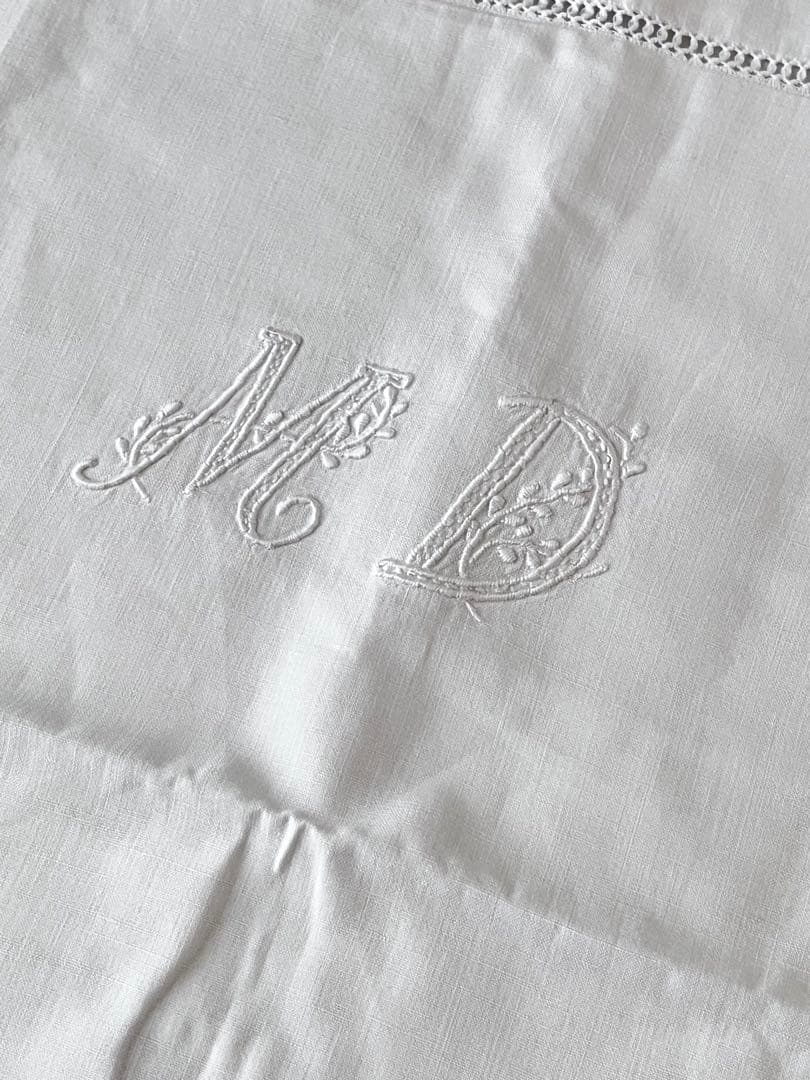 【美品】フランスアンティーク 花文字MDモノグラム ピローカバー3480