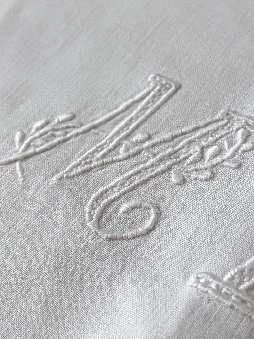 【美品】フランスアンティーク 花文字MDモノグラム ピローカバー3480