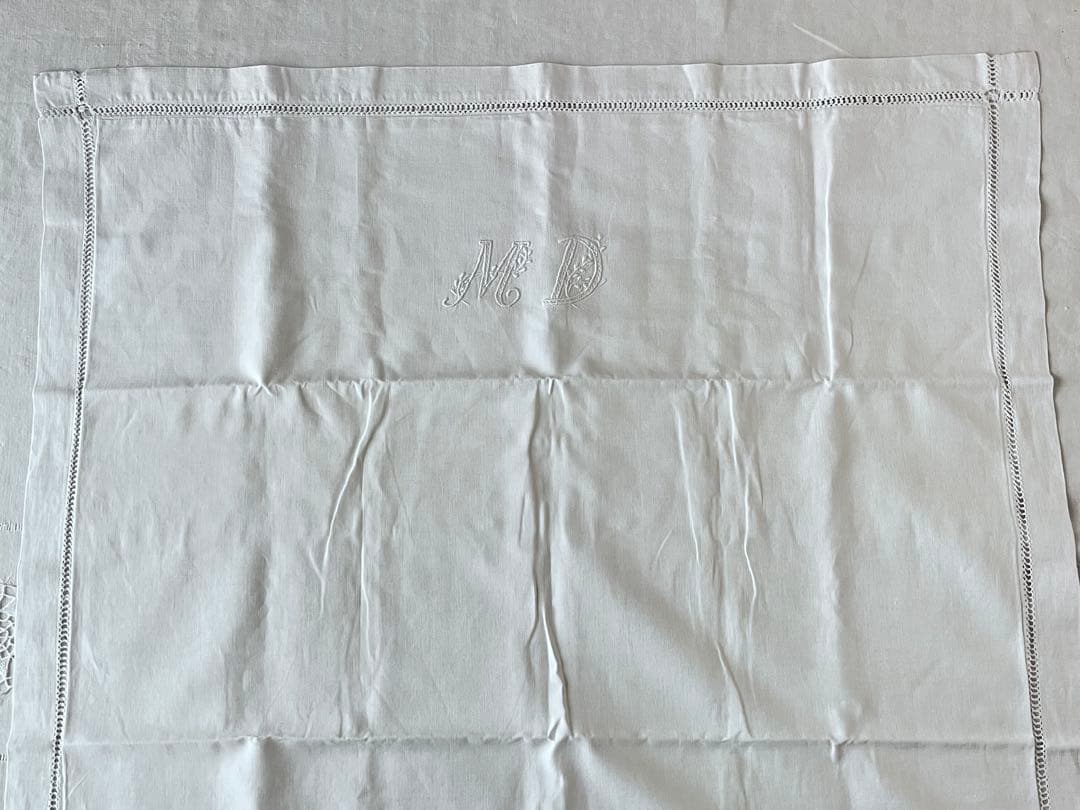 【美品】フランスアンティーク 花文字MDモノグラム ピローカバー3480