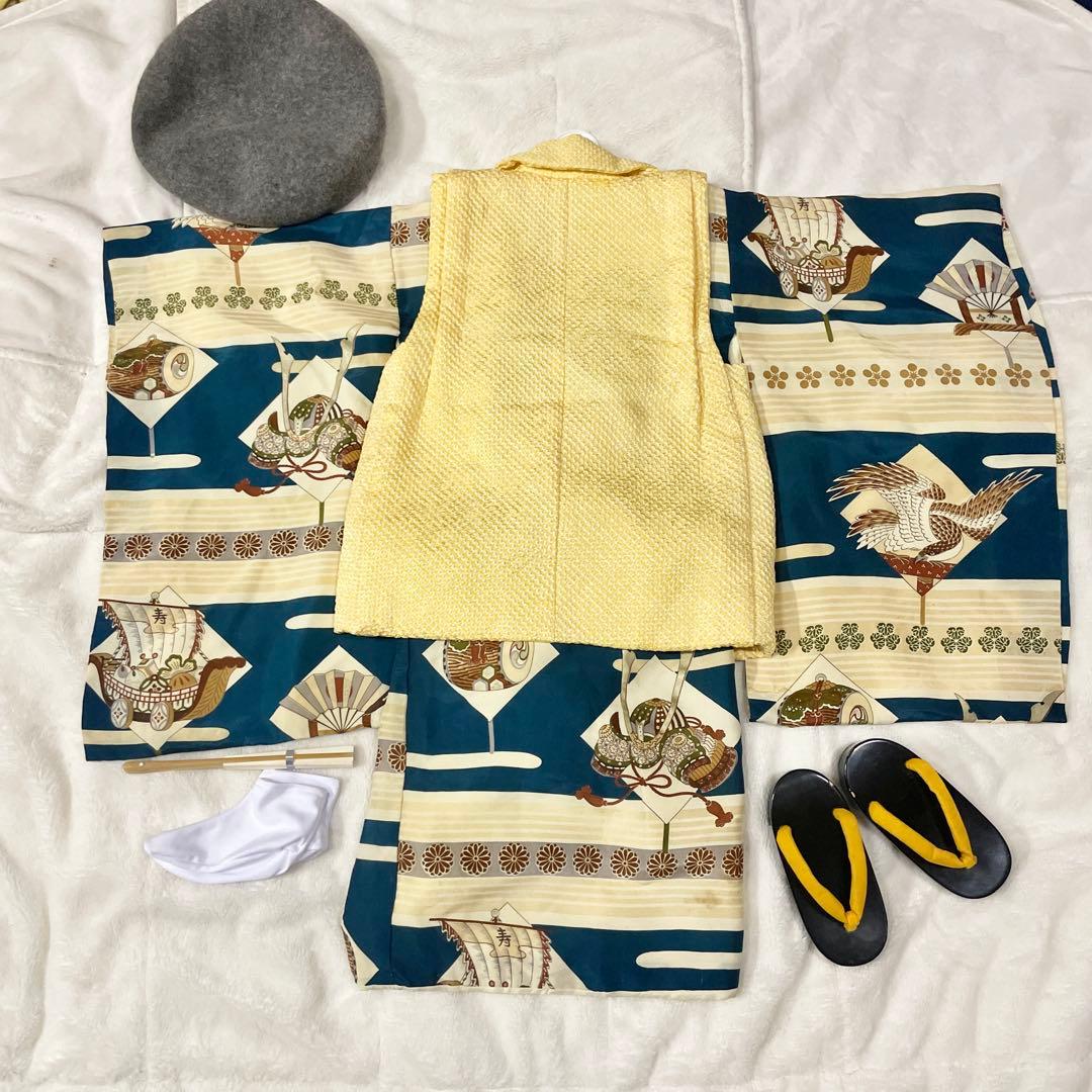 七五三　３歳　男の子　アンティークお着物セット　正絹　絞り被布