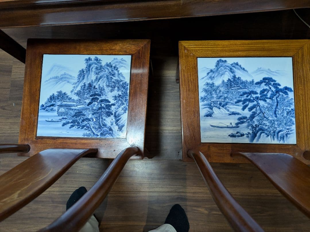 【沖縄・離島除く】有田焼、ダイニングテーブルセット、『染付山水絵陶板』神右衛門窯