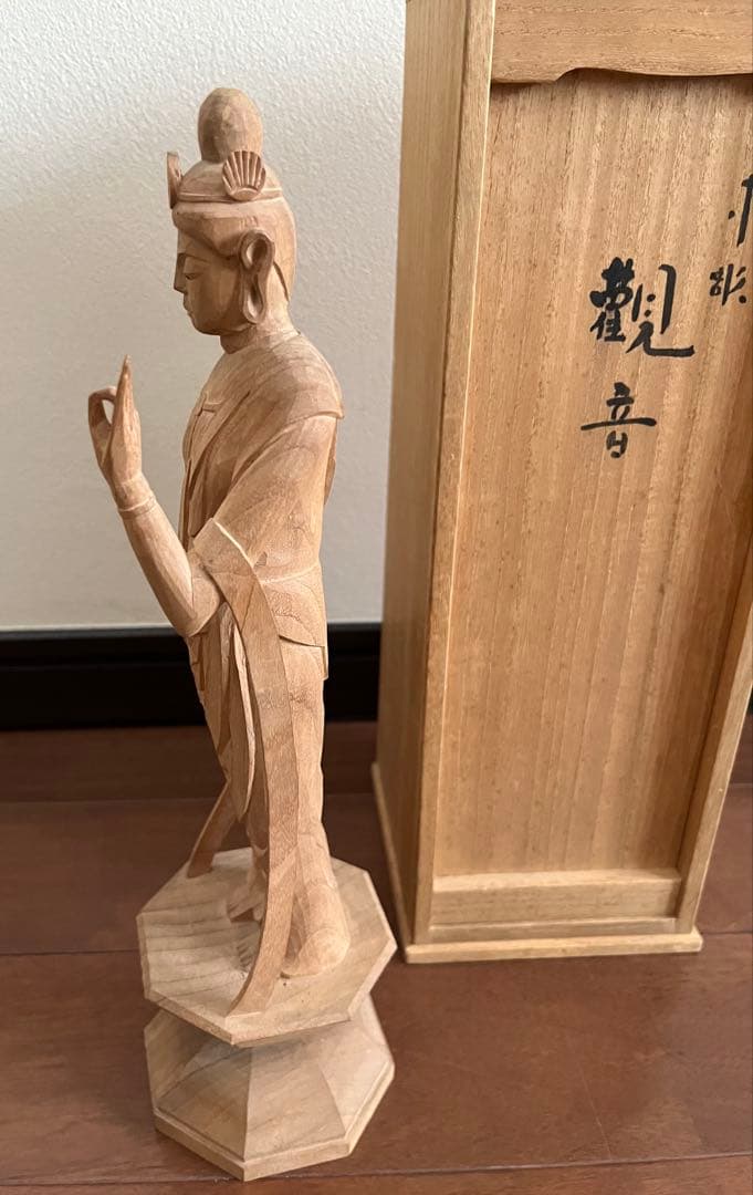 【真作】横山一夢◆木彫観音菩薩立像 木彫 共箱
