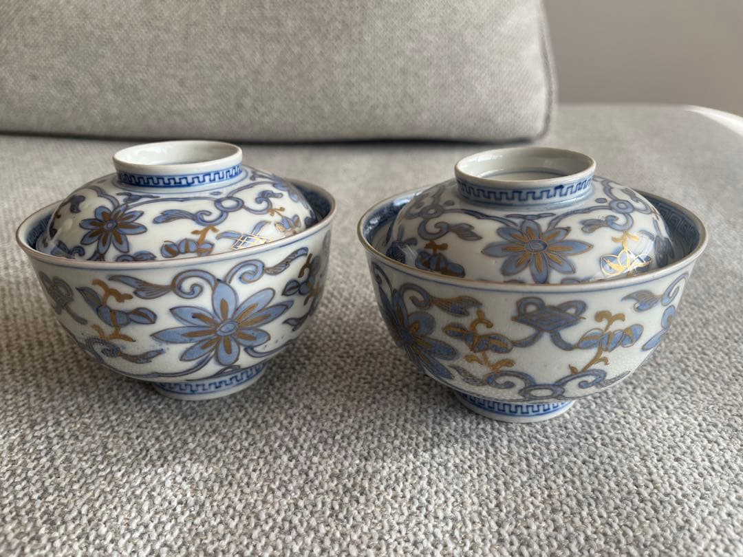 美品　骨董　色絵　麒麟　金彩　蓋付き碗　2客　皿　お椀