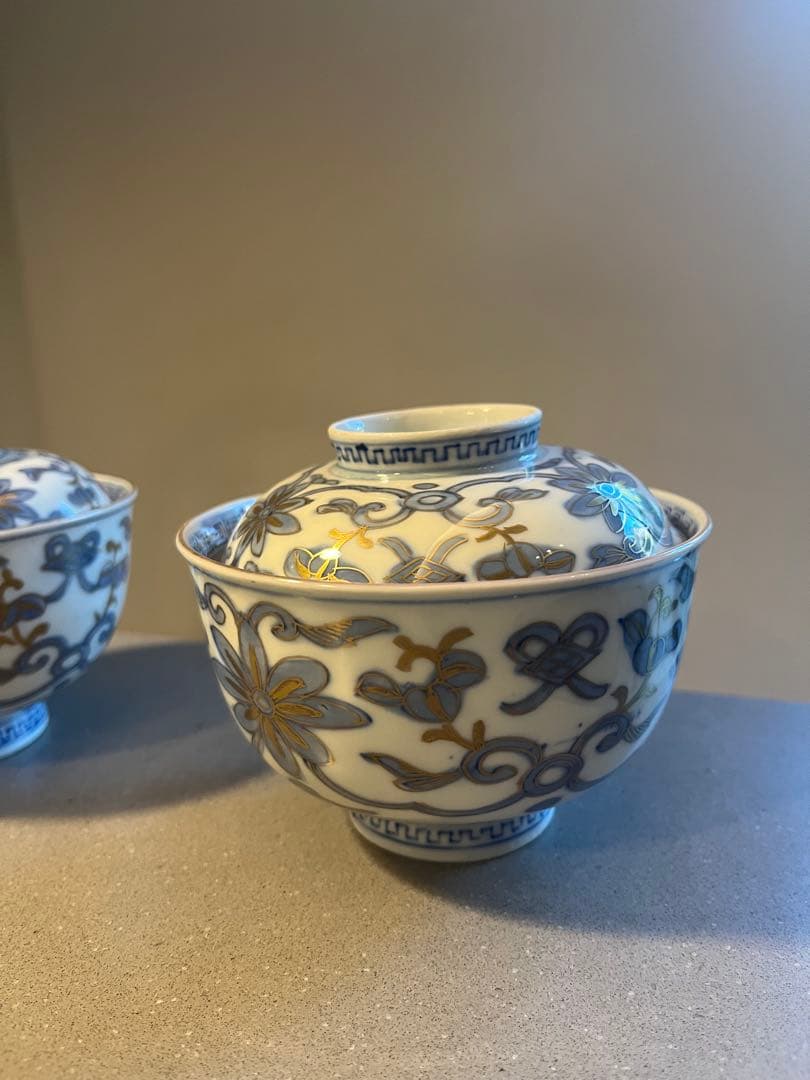 美品　骨董　色絵　麒麟　金彩　蓋付き碗　2客　皿　お椀