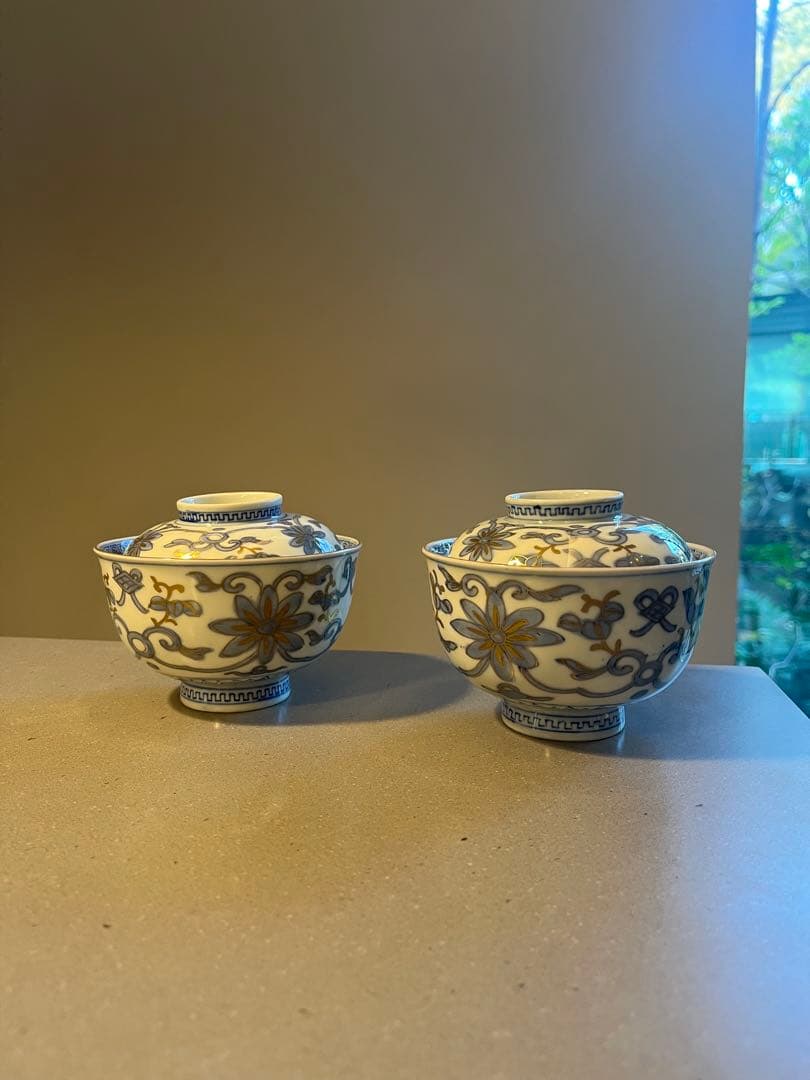 美品　骨董　色絵　麒麟　金彩　蓋付き碗　2客　皿　お椀
