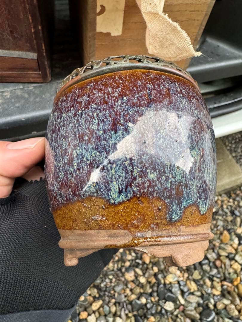 ‼️早速最後の値段‼️リサイクルFORT‼️本日買取④‼️海鼠釉薬文様の編目の蓋付き香炉