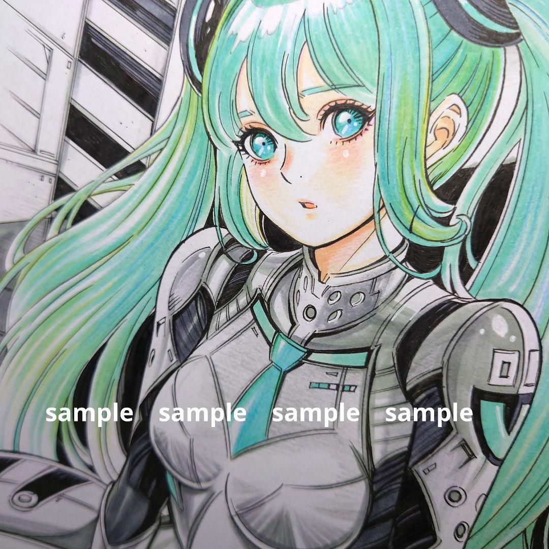 【手描きイラスト 265】アナログ原画 色紙「ツインテールプラグスーツの女の子」