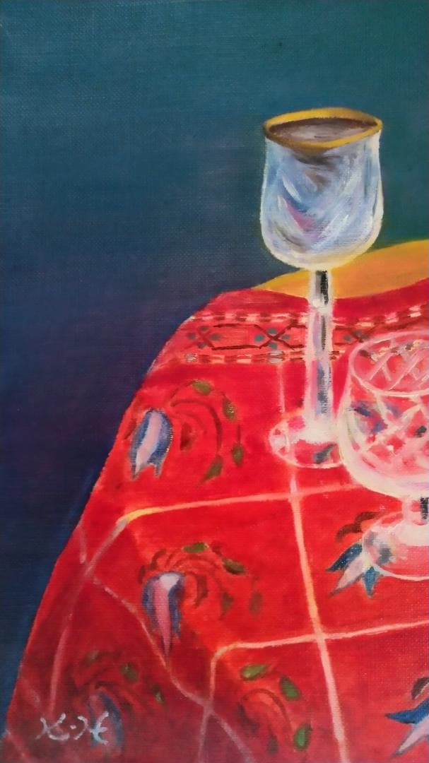 油彩画「テーブルの上の人形」油絵 絵画 静物画 原画Ｆ６