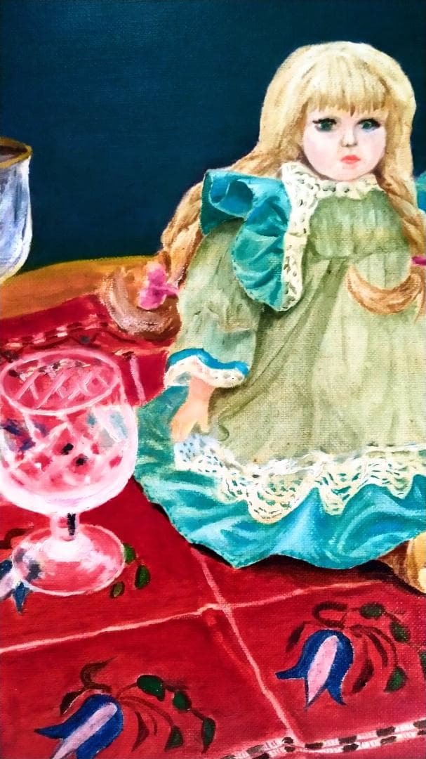 油彩画「テーブルの上の人形」油絵 絵画 静物画 原画Ｆ６