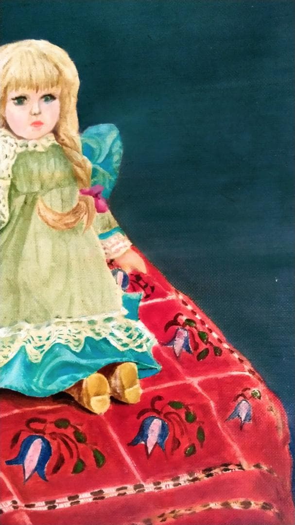 油彩画「テーブルの上の人形」油絵 絵画 静物画 原画Ｆ６