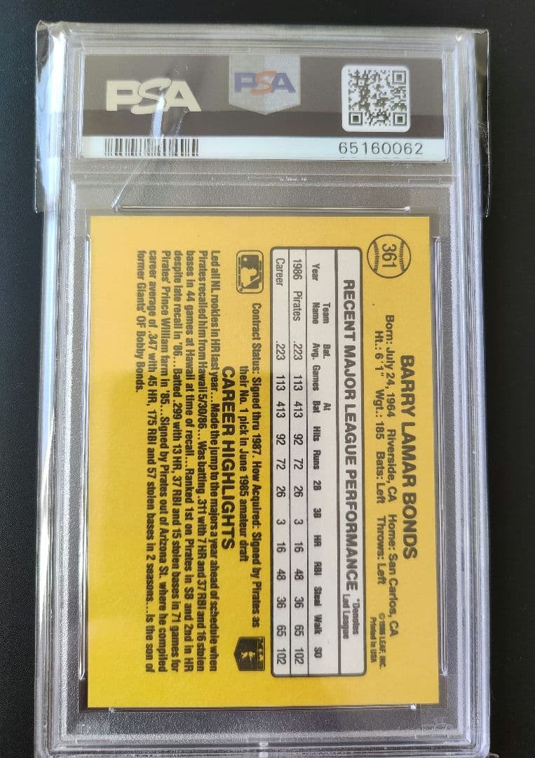 PSA9 美品　バリー・ボンズ　1987 DONRUSS　ルーキーカード