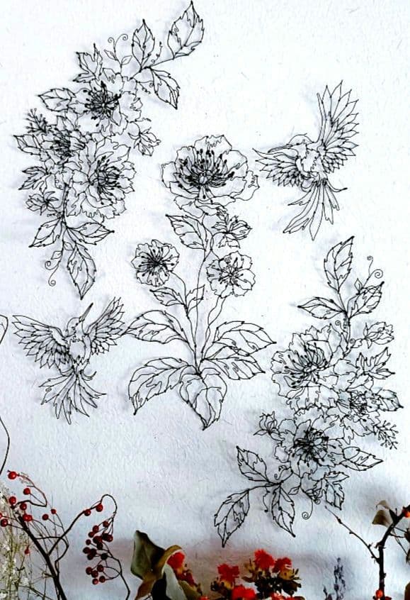 アネモネと小鳥　ワイヤーアート　フラワーアート