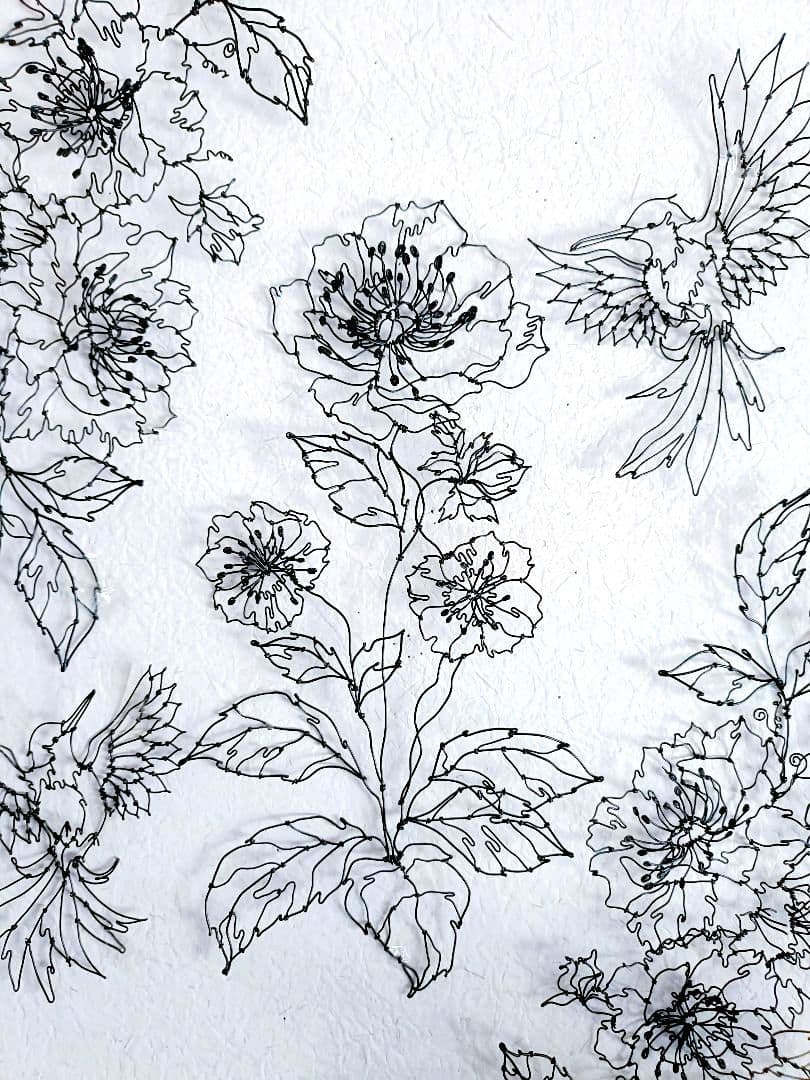 アネモネと小鳥　ワイヤーアート　フラワーアート