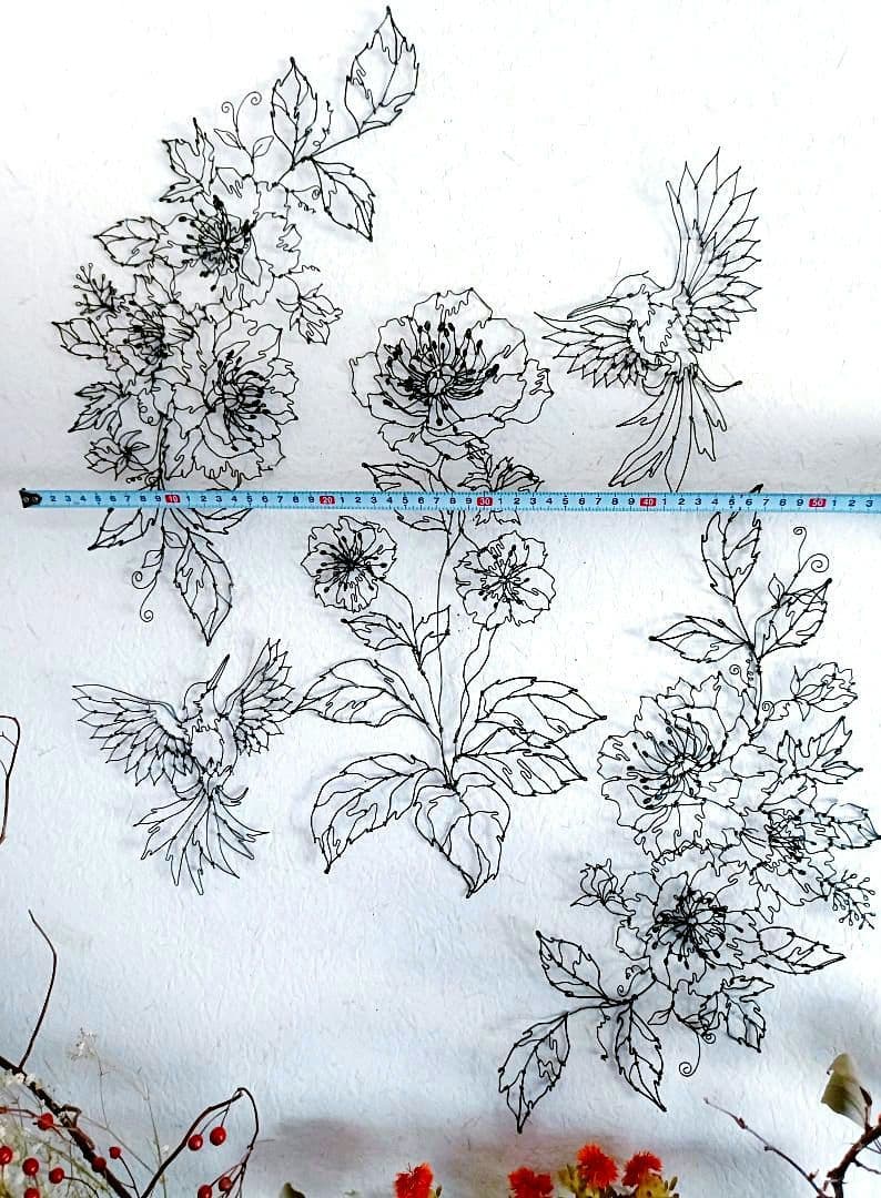 アネモネと小鳥　ワイヤーアート　フラワーアート