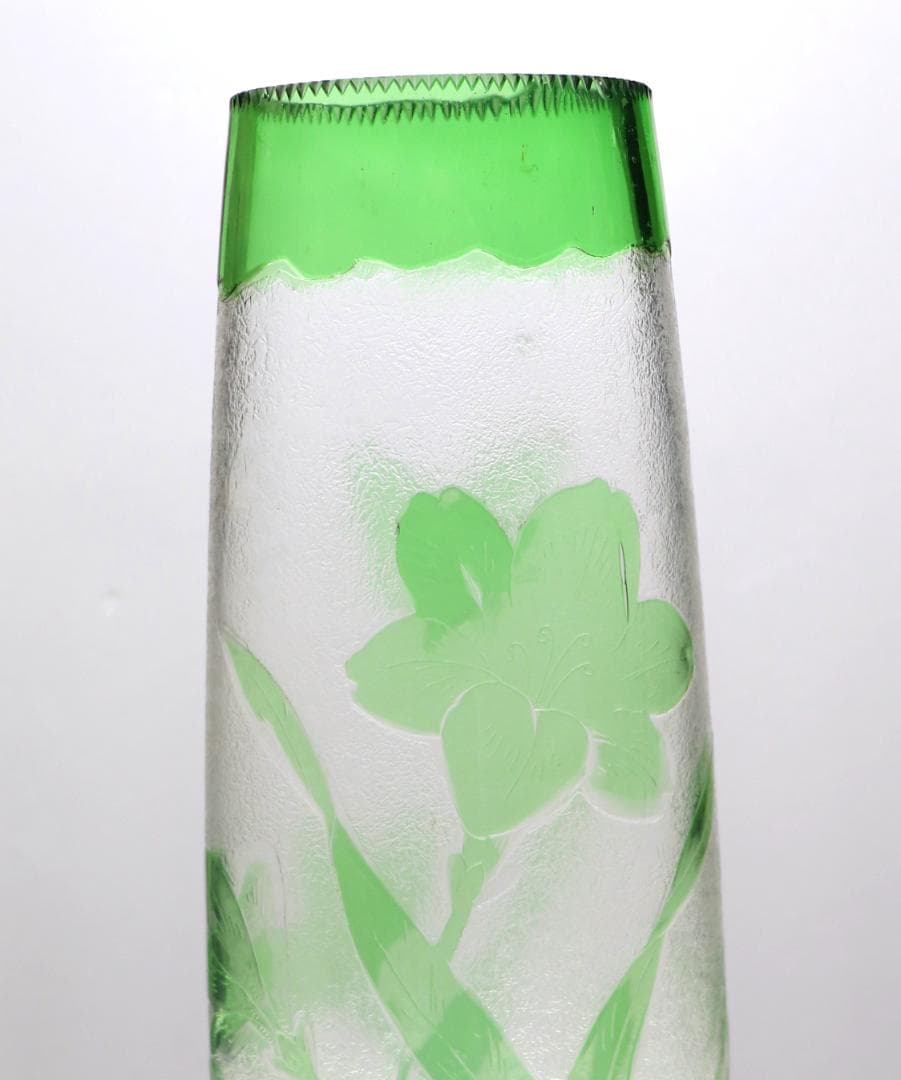 オールド・バカラ 1880年頃美術館級 緑色被せ硝子 特大アシッドエッチング花瓶