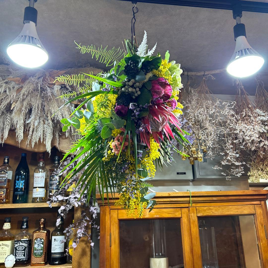 キングプロテアとミモザの吊り下げスワッグ