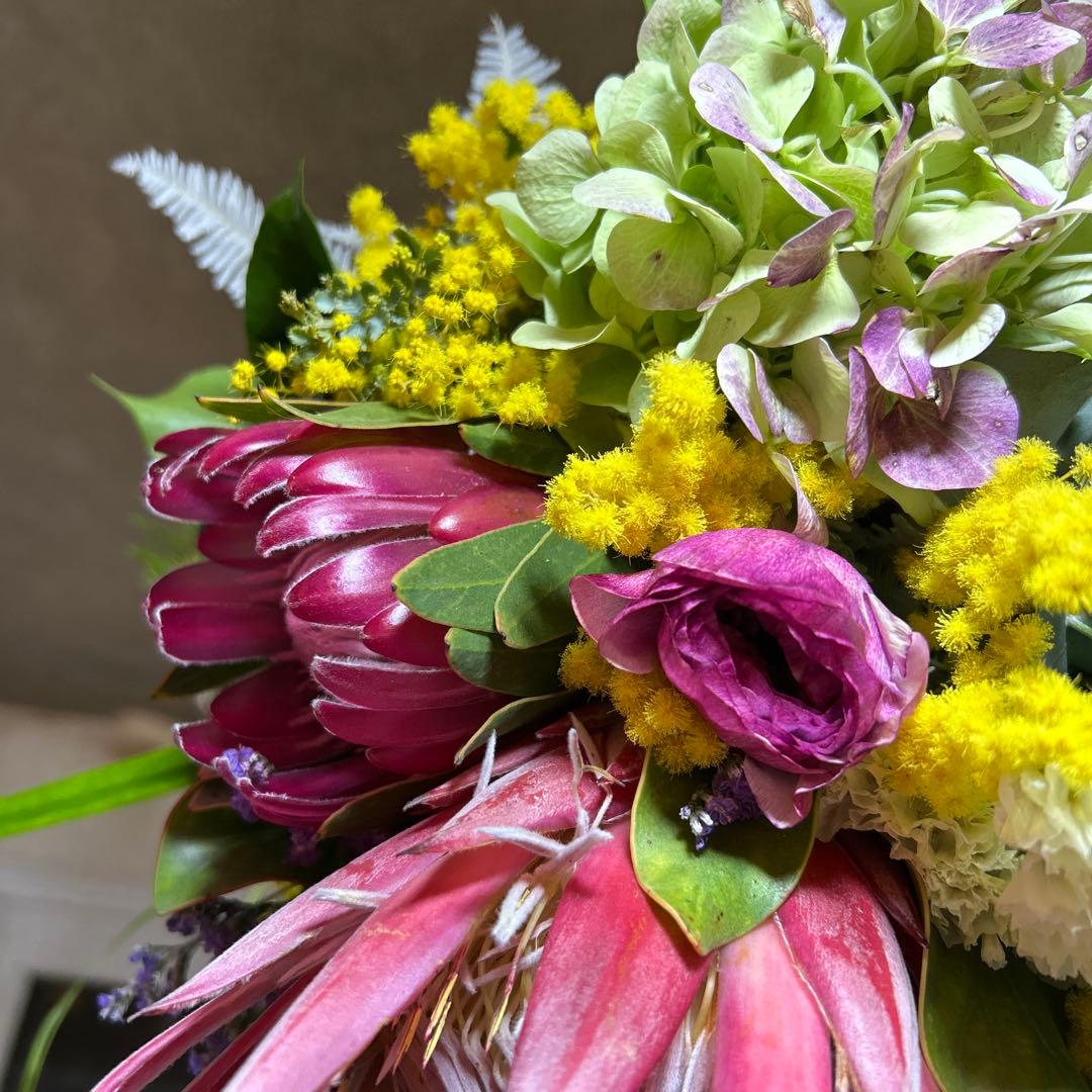 キングプロテアとミモザの吊り下げスワッグ