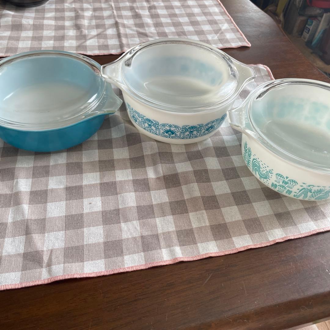 オールドパイレックスガラス製食品保存容器セット 3点 青白