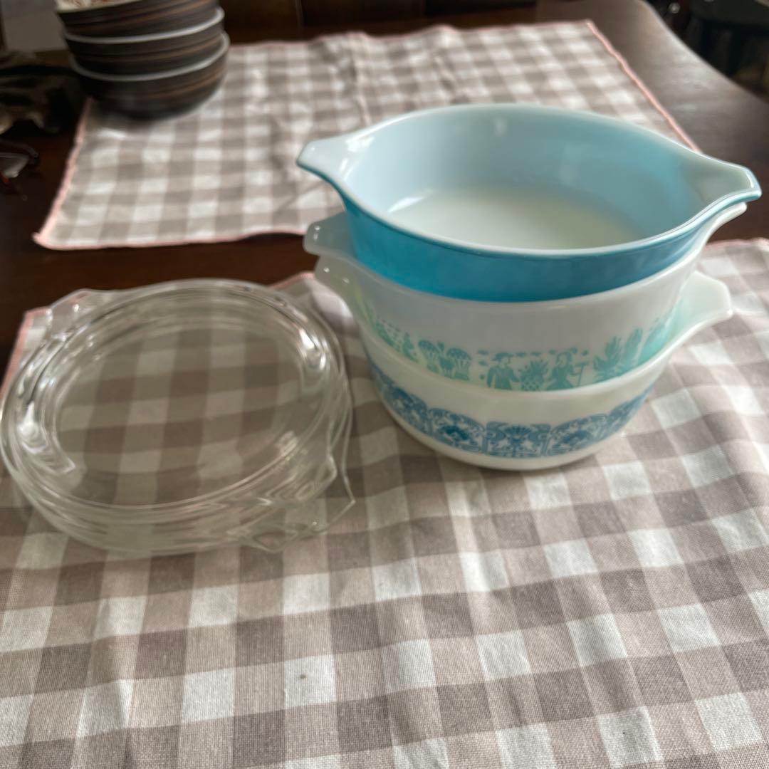 オールドパイレックスガラス製食品保存容器セット 3点 青白