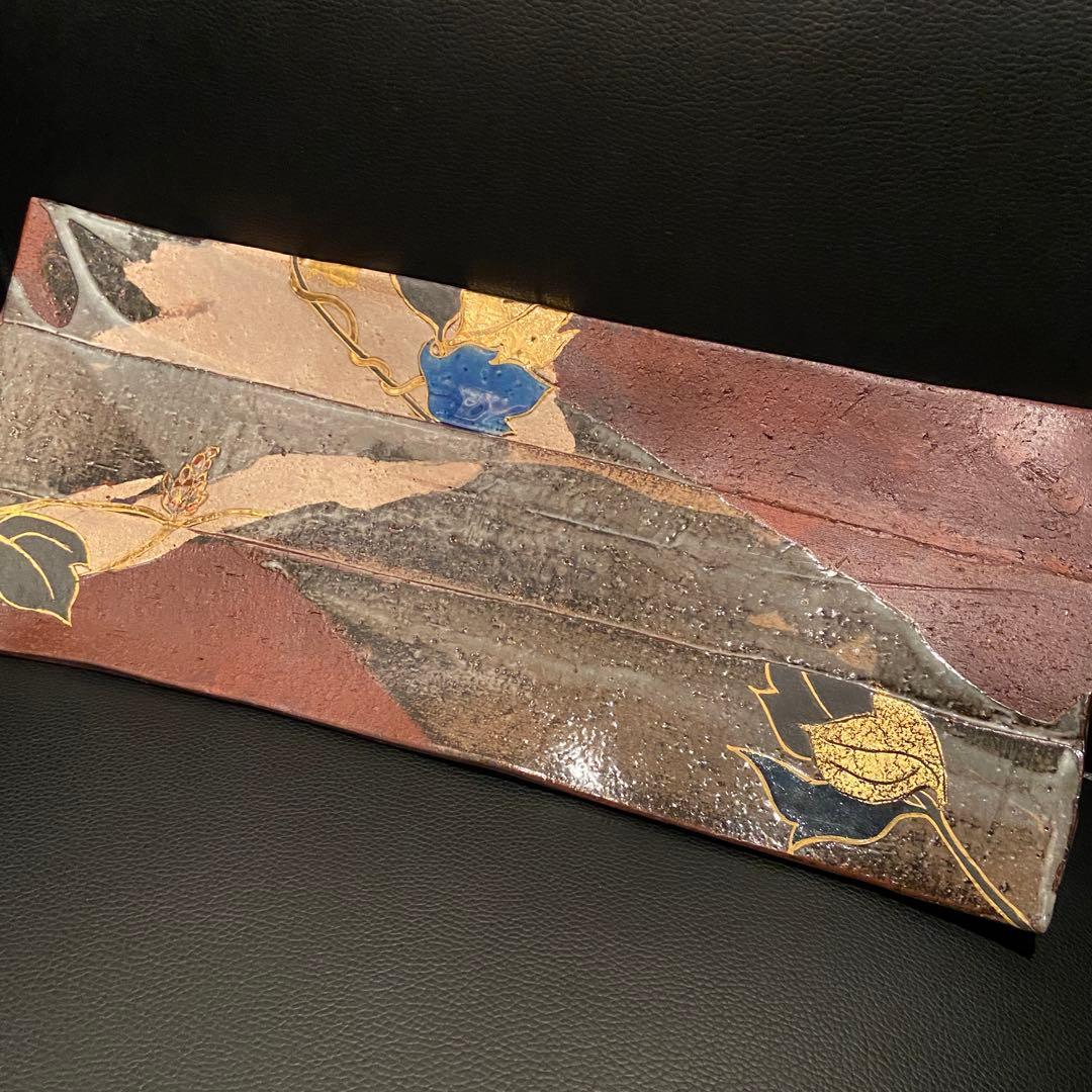 梅山窯 中村卓夫 象嵌色絵 長皿 盛皿 作家もの 共箱 共布 九谷焼 陶器 陶板