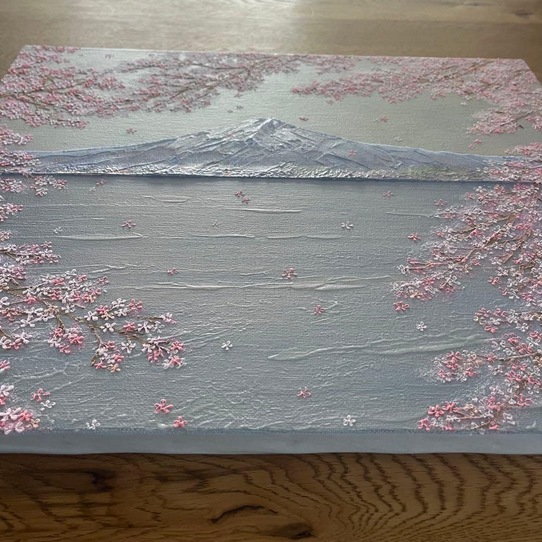 桜と富士山 原画 F8 テクスチャーアート 風景画 インテリアアート 桜 春