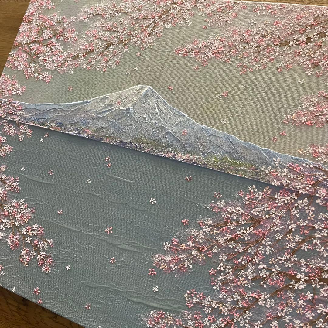 桜と富士山 原画 F8 テクスチャーアート 風景画 インテリアアート 桜 春