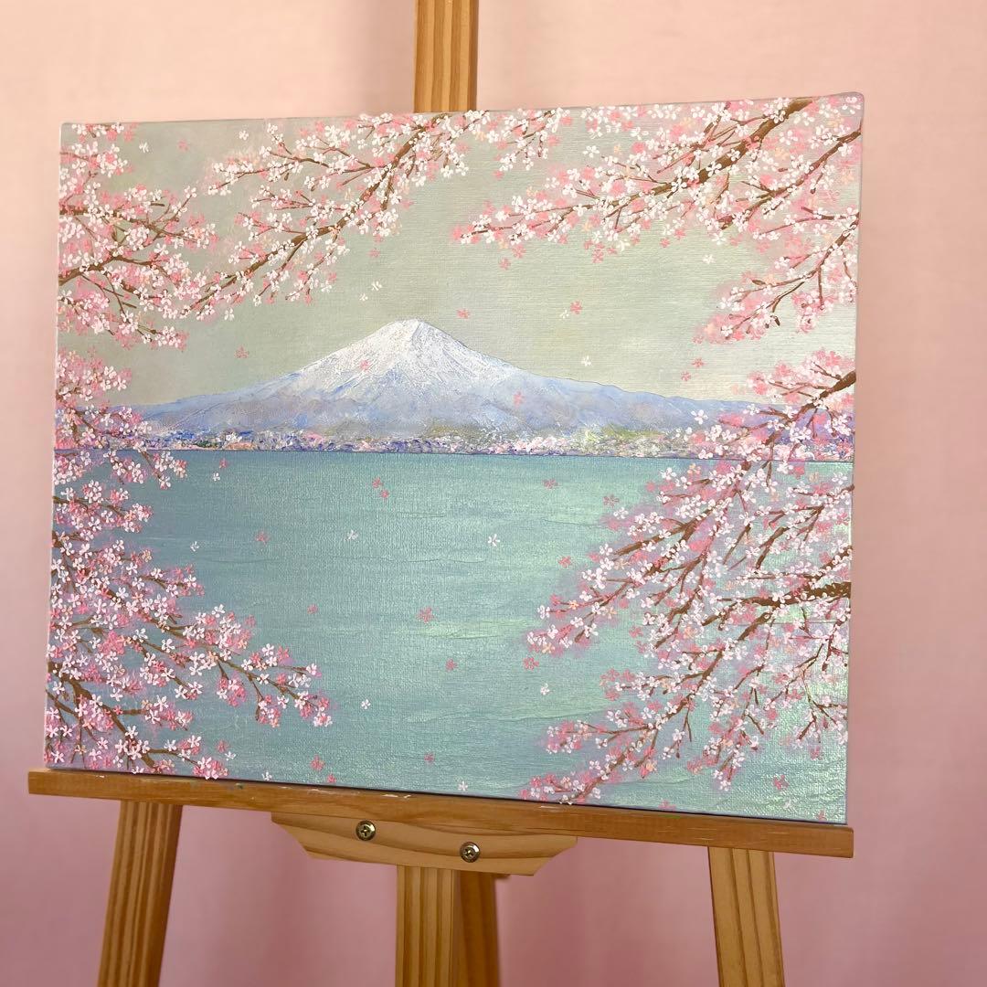桜と富士山 原画 F8 テクスチャーアート 風景画 インテリアアート 桜 春