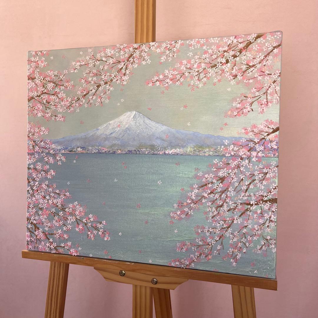 桜と富士山 原画 F8 テクスチャーアート 風景画 インテリアアート 桜 春