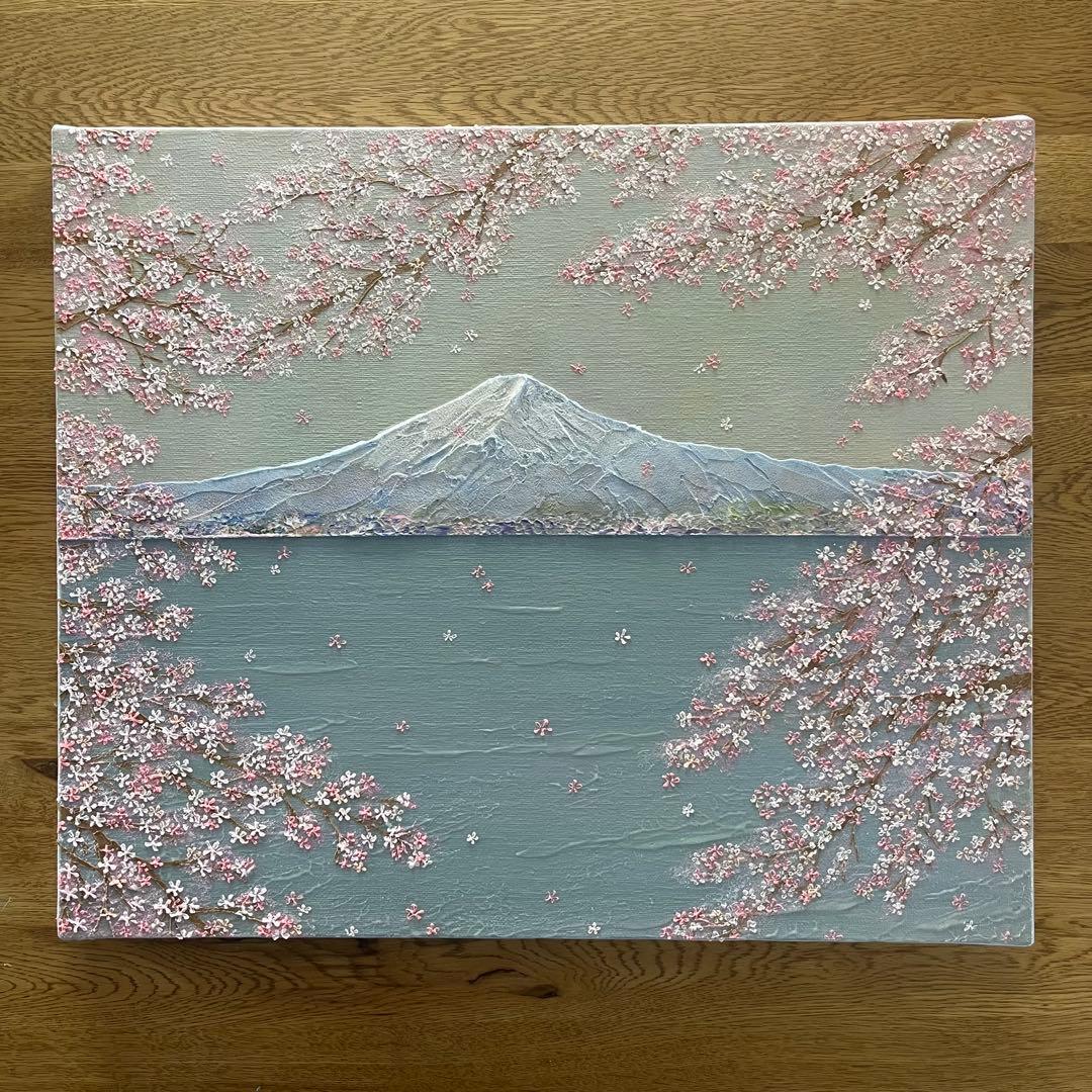桜と富士山 原画 F8 テクスチャーアート 風景画 インテリアアート 桜 春