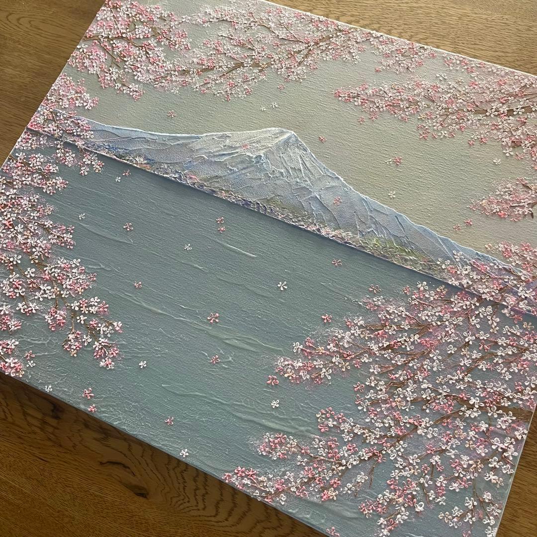 桜と富士山 原画 F8 テクスチャーアート 風景画 インテリアアート 桜 春
