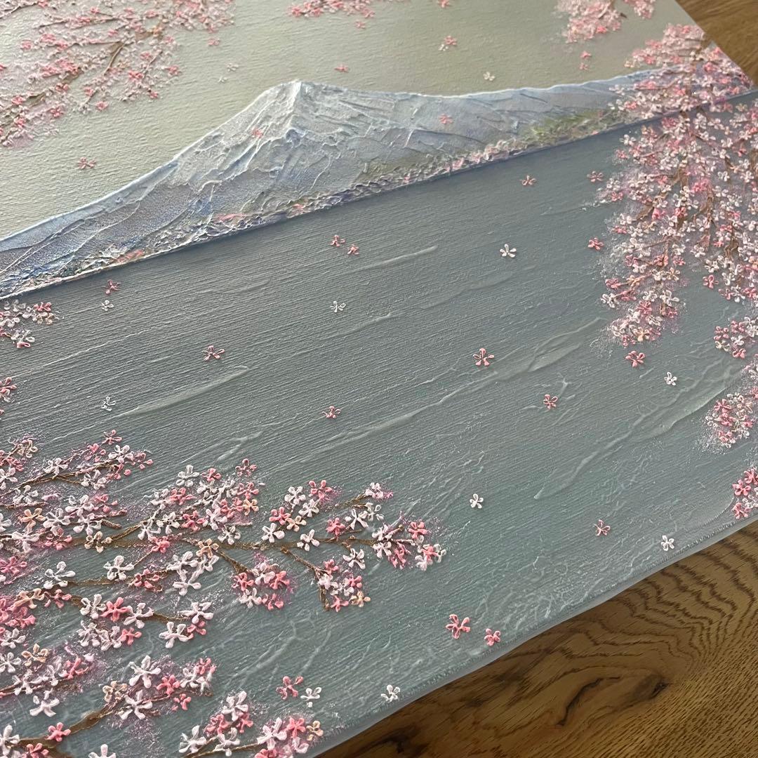 桜と富士山 原画 F8 テクスチャーアート 風景画 インテリアアート 桜 春