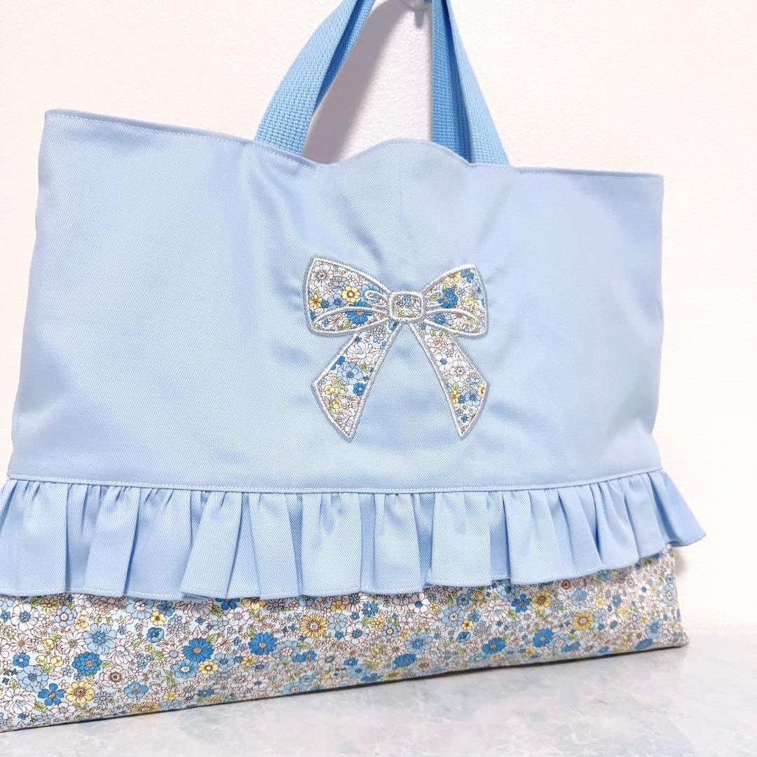 手提げ袋　体操着袋　上靴袋　3点　花柄　刺繍　レッスンバック　水色　入園入学