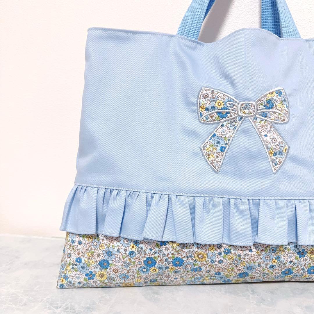 手提げ袋　体操着袋　上靴袋　3点　花柄　刺繍　レッスンバック　水色　入園入学