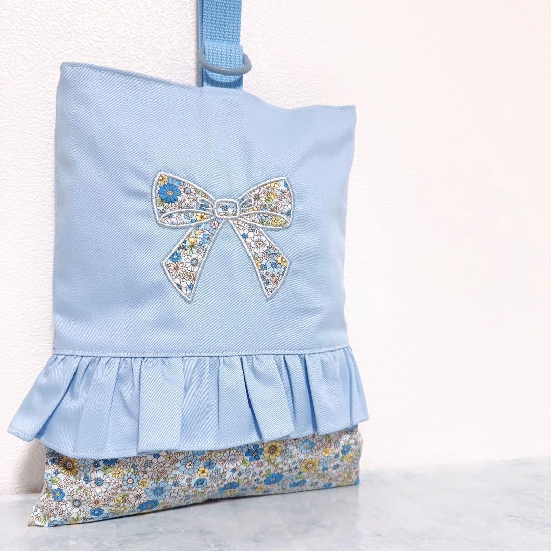手提げ袋　体操着袋　上靴袋　3点　花柄　刺繍　レッスンバック　水色　入園入学