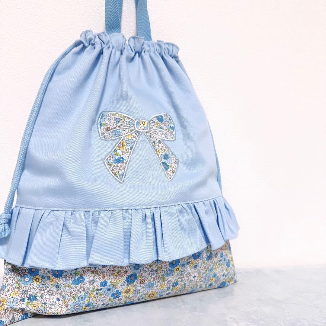 手提げ袋　体操着袋　上靴袋　3点　花柄　刺繍　レッスンバック　水色　入園入学