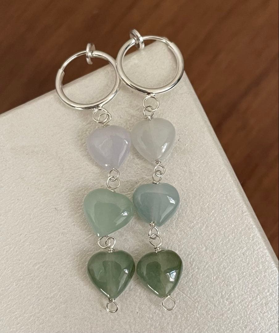 天然石イヤリング　翡翠グリーン　シルバーフープイヤリング　130-4 樹脂可能