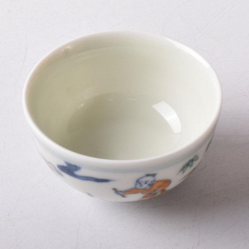 中国　大明成化年製　豆彩唐子文盃　酒盃　時代箱　C　7874